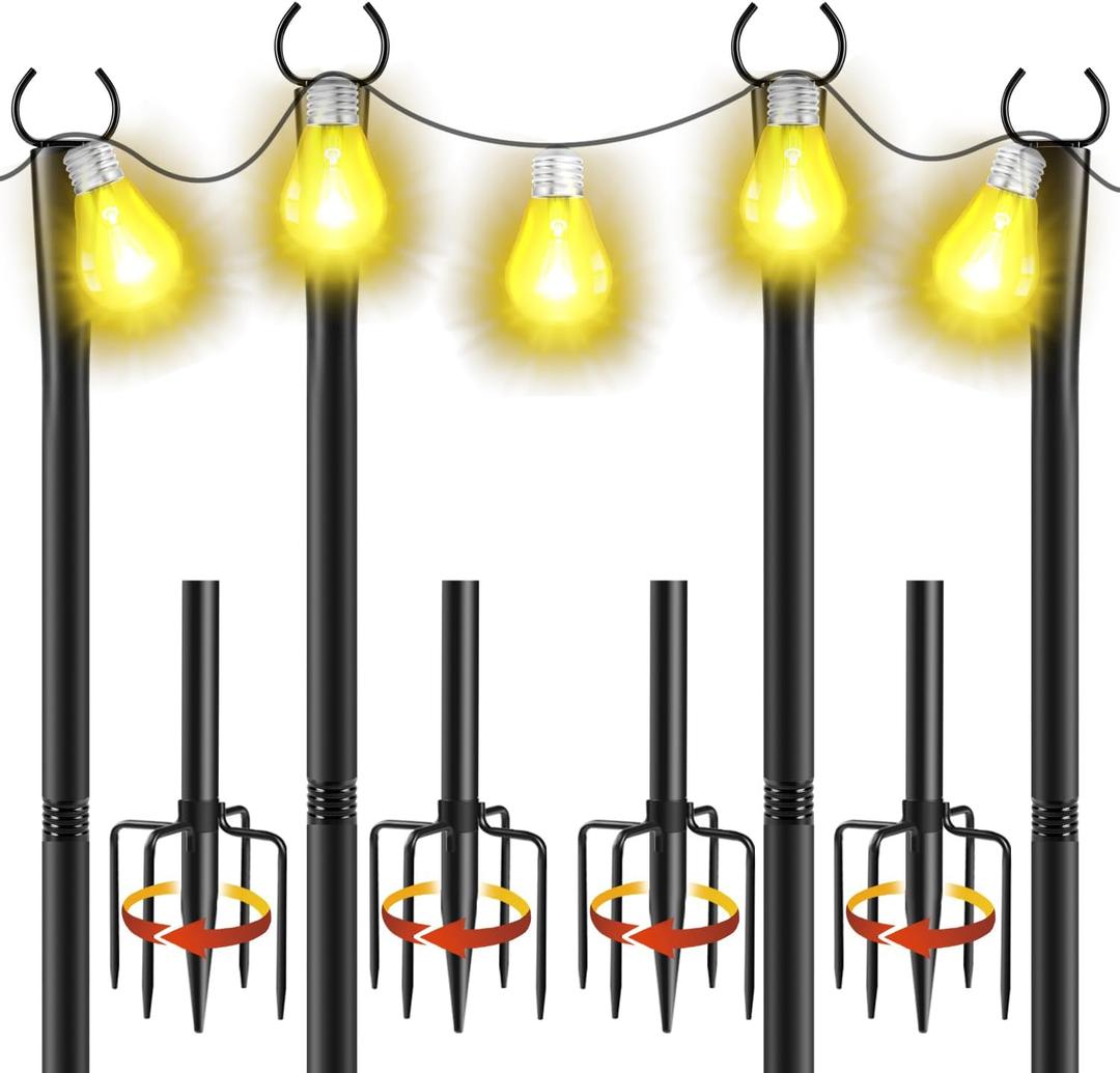 4 Pack 10Ft String Light Poles, Metal Poles with Fork for Outside Lights,Outdoor Metal Light Stand with Fence Brackets Hanging Lights for Garden Patio Wedding Backyard (4 PACK-Upgraded Version)