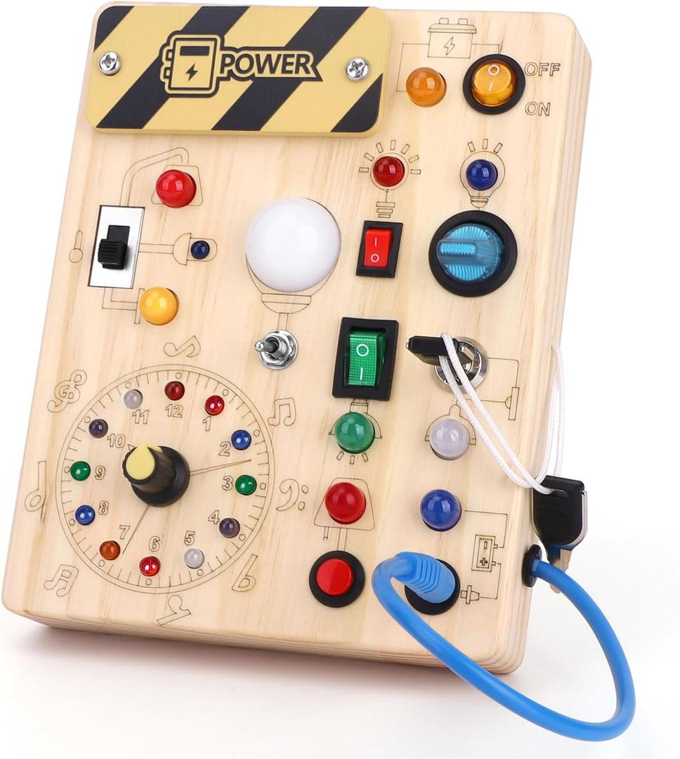 Montessori Toys Clock Wooden Busy Board with 11 LED Light switches, Tooddler Sensory Travel Toys for 1+ Year Old Baby and Toddler