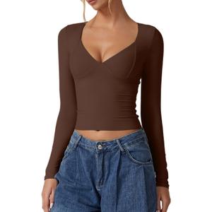 QINSEN Women's Long Sleeve V Neck T Shirts Double Lined Crop Top Seamed Cup Going Out Tops (Small, Coffee Bean)