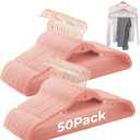Pink Velvet Hangers 50 Pack, Felt Covered Non Slip Fabric with Stackable Cascading Hook, Ultra Thin and Space Saving with 360 Swivel Neck, 15Lbs Capacity for Clothes, Suit, Shirt, Coat