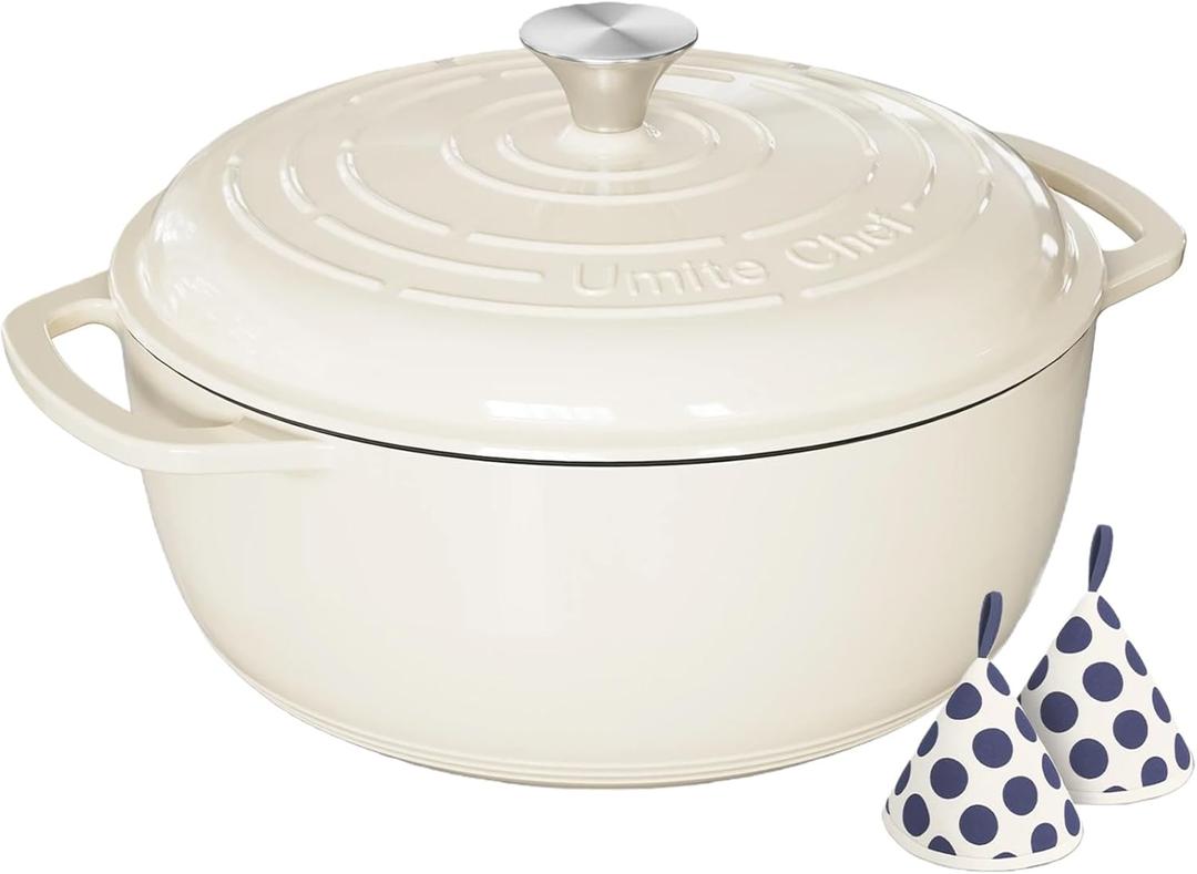 Umite Chef 6QT Enameled Cast Iron Dutch Oven with Lid, Versatile Heavy-Duty Cookware Pot for Baking Bread, Braising, Soups & Stews, Oven & Stovetop Safe with Heat Resistant GlovesCream White