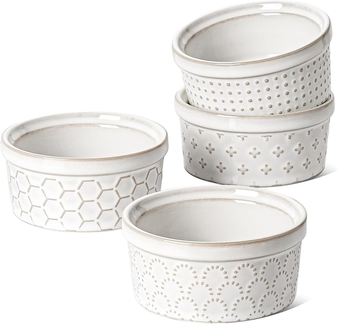 LE TAUCI Ramekins 4 oz Oven Safe for Creme Brulee, Charcuterie Boards Bowls for Souffle, Small Sauce Bowl, Ceramic Baking Dishes - 3.8 inch, Set of 4, Arctic White