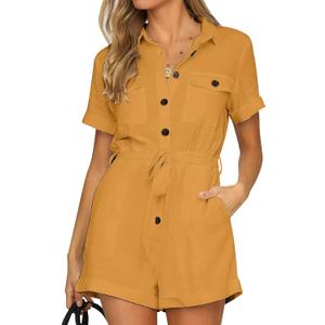 GRAPENT Women's Summer Short Sleeve Button Down Pockets Belted Jumpsuits Rompers (Small, Sunflower)