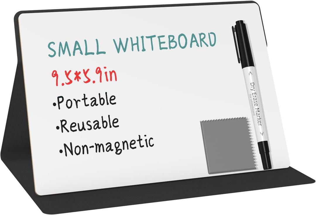 Portable Small White Board,Reusable Dry Erase Board with Stand,Desktop Whiteboard for Office Meeting Bussiness Home 9" x 6" with Marker, Wipe Cloth (Black)