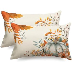 JXZYGMD Fall Pillow Covers 12x20 inch Set of 2 Orange Watercolor Pumpkin Fallen Leaves Decorative Throw Pillow Covers Thanksgiving Decoration for Home Decor