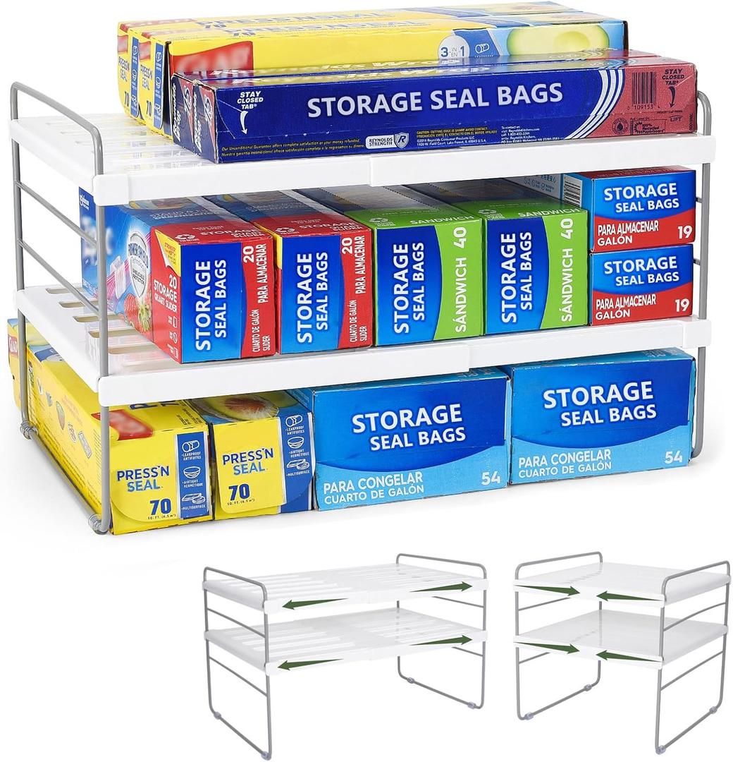 Pantry Organization and Storage for Kitchen - Expandable Kitchen Wrap Box Organizer Rack, Foil Organizer for Cabinet & Counter, Height & Width Adjustable Cupboard Storage Rack - (3 Tier 9.8 to 15.6"L) (White-1P)