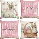 Amandir Easter Pillow Covers 18x18 Inch Set of 4, Easter Decorations Bunny Rabbit Pink Covers Floral Eggs Spring Cushion Case Throw Pillow for Sofa Couch Living Room Bed Holiday Home Decor