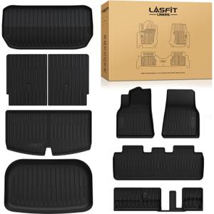 LASFIT 9PCS Floor Mats & Backrest Mats & Cargo Mats for Tesla Model Y 7 Seater 2025/2024/2023/2022/2021/2020 | All Weather TPE Custom Fit Interior Accessories Floor Liners, Black