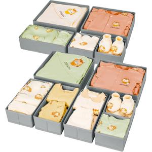 DIMJ Drawer Organizer Clothes 12 Pack - Foldable Baby Organizers and Storage & Dresser Organizer for Bedroom, Closet - Nursery Organization Dresser Dividers for underwear, Sock, Bra, Belt, Tie, Gray