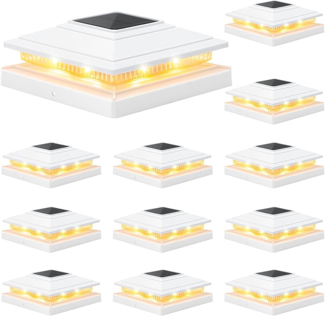 APONUO Solar Post Cap Lights 12-Pack, White IP64 Waterproof 16 LED Fence Post Solar Lights for 4x4 5x5 6x6 Wood/Vinyl Posts, 2-Mode Deck Post Lights Solar Powered, 10-Hr Lighting for Patio Yard Porch