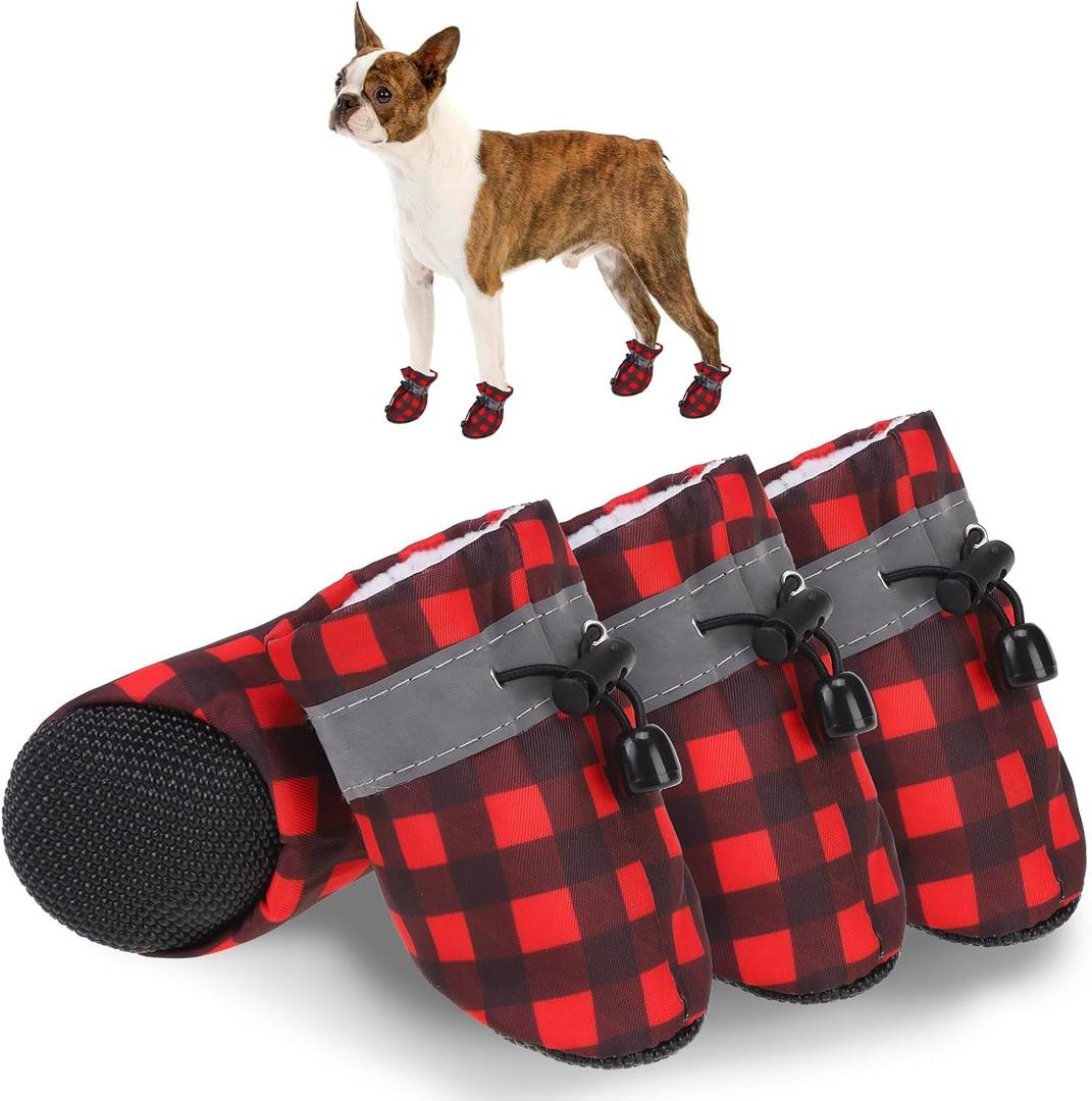SCENEREAL Fleece Dog Shoes for Small Medium Dogs Christmas, Anti-Slip Sole Puppy Boots & Paw Protectors with Reflective Straps Red Plaid Warm Soft Outdoor Walking Indoor Hardfloors, Size 5