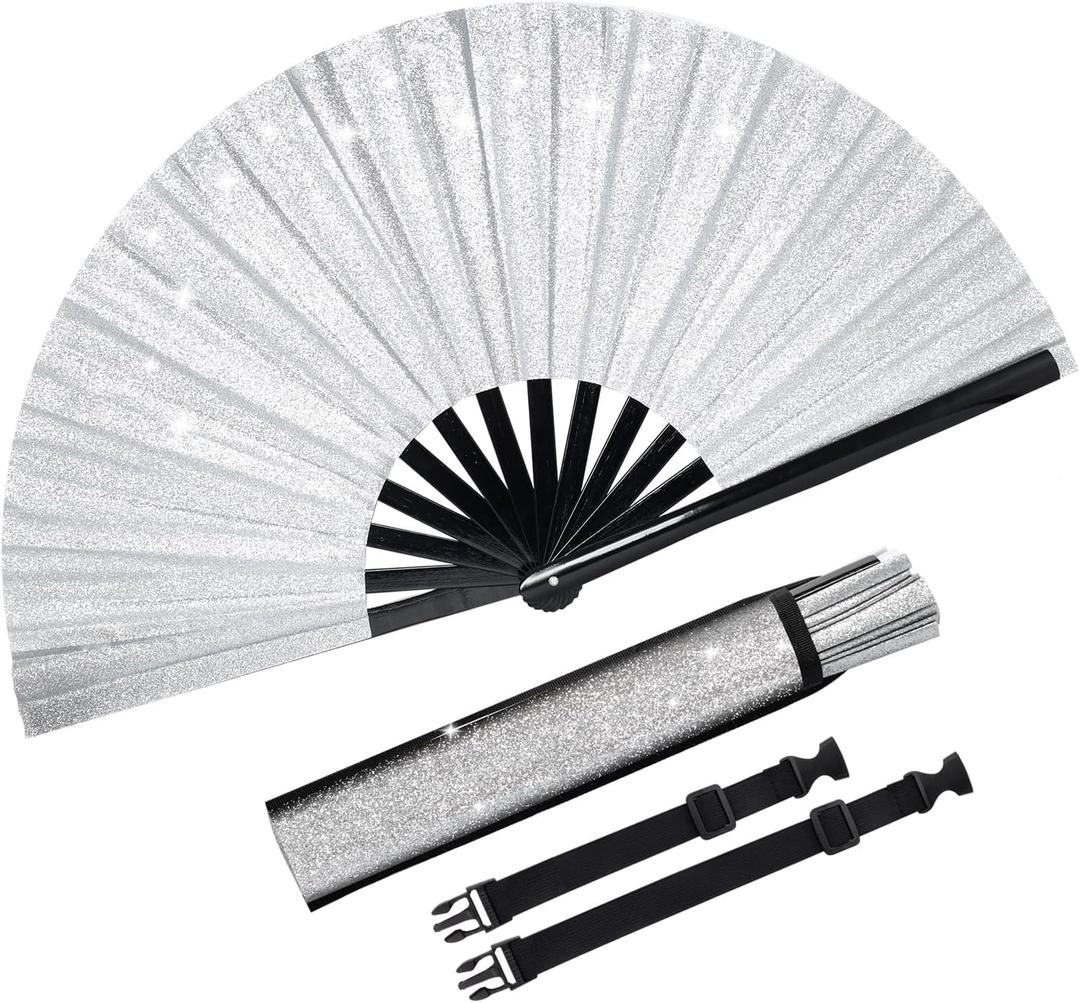 Fumwase Glitter Large Rave Fan Rave Hand Fan for Men Women Rave Accessories for Women with Leg Strap and Fabric Case Bag for Music Festival Weddings Performance Decoration (Silver)