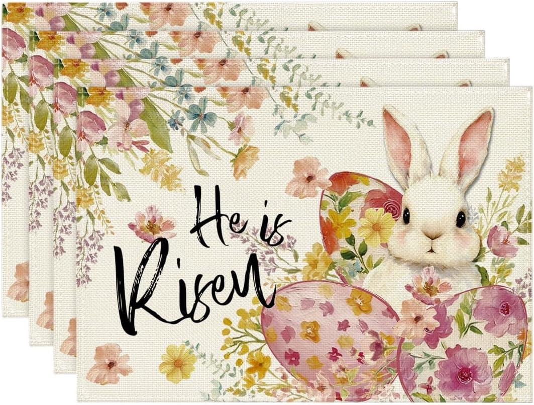Artoid Mode Bunny Rabbit Eggs Flowers Easter Placemats Set of 4, 12x18 Inch Seasonal Spring Holiday Table Mats for Party Kitchen Dining Decoration