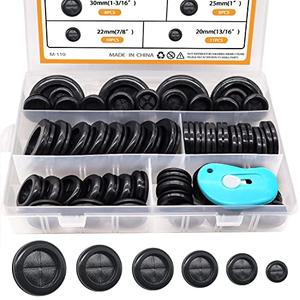 mankk 53Pcs Rubber Grommet Kit,6 Size (5/8" 13/16" 7/8" 1" 1-3/16" 1-1/2") Drill Hole Round Double Sided Rubber Hole Plug with Retractable Box Knife for Protecting Cable Wire M-119