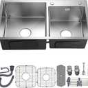 Double Bowl Kitchen Bar Sink, 32.3x17.7In Stainlee Steel Drop In Topmount Kitchen Sink with Gift-Soap Dispenser, Faucet Mat, Drain Strainer Set for Modern Kitchen Sink