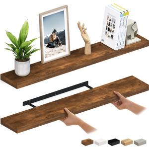Ballucci Floating Shelves for Wall, 48" Wood Wall Shelf Set of 2, with Invisible Brackets for Bathroom, Living Room, Bedroom, Kitchen, Nursery, 8" Deep, Rustic Brown, 48" - 2 Pieces