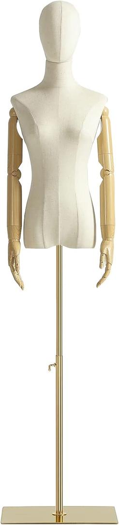 Female Mannequin Dress Form Torso, Display Mannequin Body with Detachable Head, Wooden Hands and Golden Adjustable Height Stand, for Dress Jewelry Display, Beige (Gold)