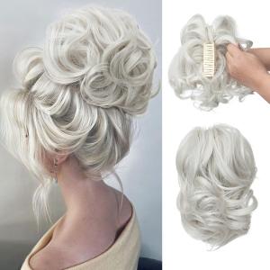 CJL HAIR Claw Clip Short Ponytail Hair Extensions DIY Bendable Metals Messy Bun Hair Piece for Wonen Wavy Curly Synthetic Fake Hairpieces White (C-White)