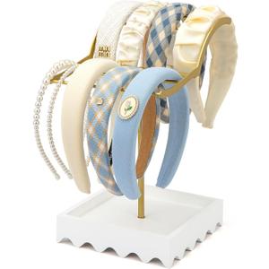 2-Tier Gold Headband Holder Stand, Metal Hair Band Display Rack with White Wood Accessories Storage Tray for Girls, Women