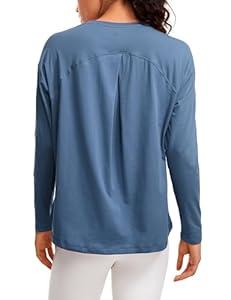 CRZ YOGA Pima Cotton Long Sleeve Workout Shirts for Women Loose Fit Crew Neck Yoga Athletic Tops Casual Fall Shirt Ink Blue, Medium