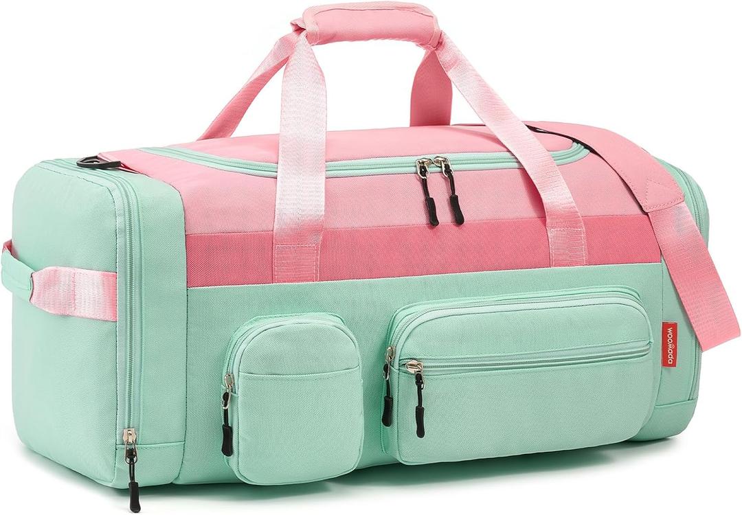 WOOMADA Kids Duffle Bag for Boys or Girls, Weekender Overnight Bag with Shoe Compartment & Wet Pocket Perfect For School, Sports, Overnight Trips(Pink Green)