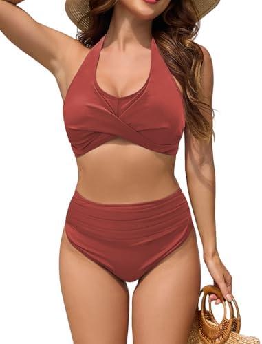 ZAFUL Womens Two Piece Swimsuit Push Up High Waisted Bikini Sets Halter V Neck Modest Bathing Suits Ruched Swimwear, L