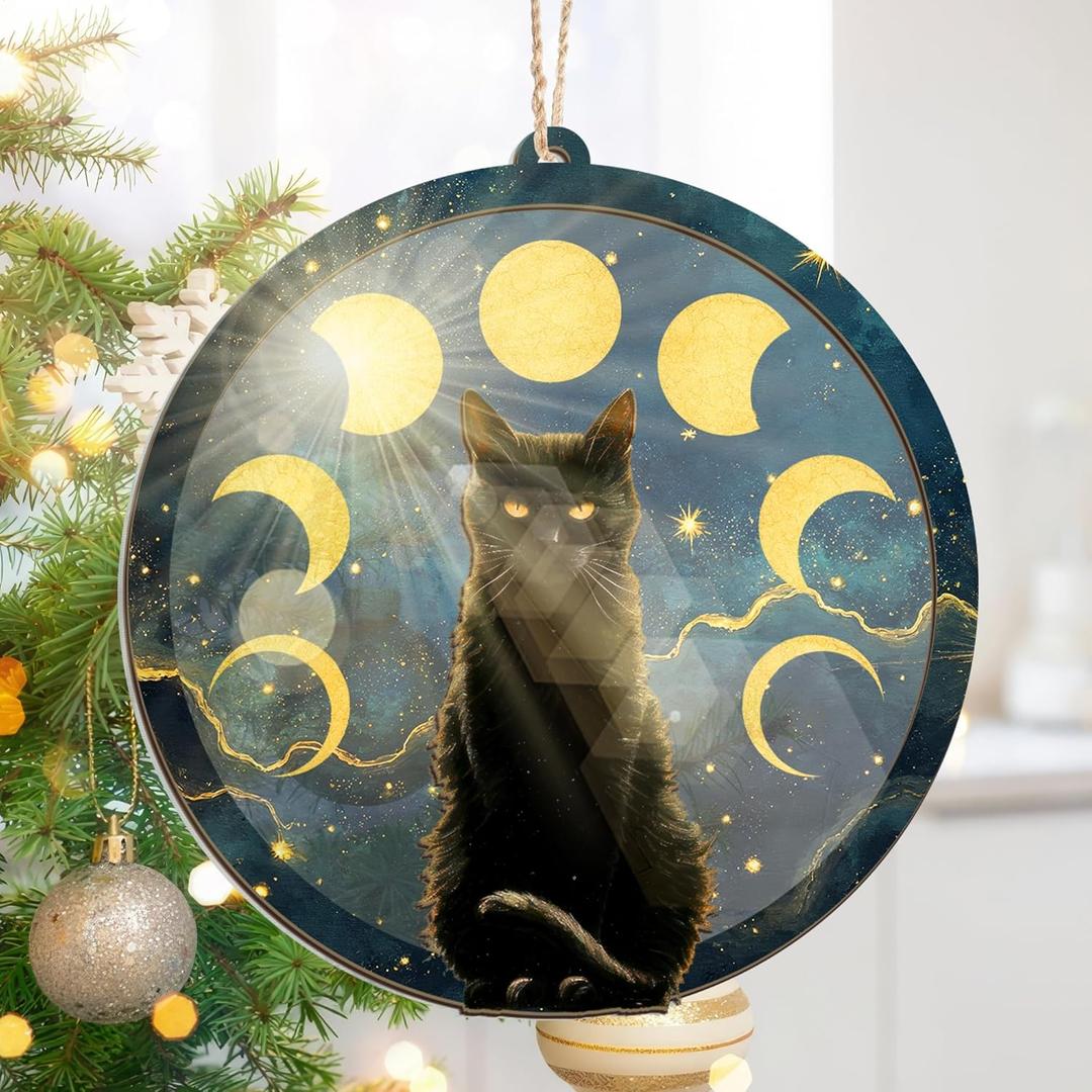 GEEMBI Christmas Black Cat Gifts for Women Men - Suncatcher Christmas Ornaments 2025 for Tree Decorations - Black Cat Ornament for Halloween, Witchy Mystical Gifts for Women, Moon Phase Gothic Decor (Navy - Lunar Cat)