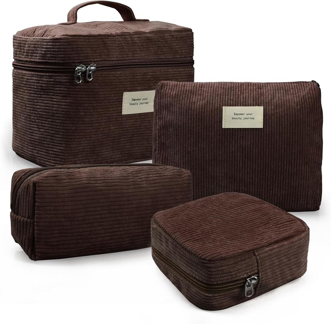 4 Pcs Makeup Bag for Women Corduroy Cosmetic Bag Aesthetic Cute Bags Multi Size Purse Pouch Travel Toiletry Bag Set Makeup Organizer with Zipper(Brown) (05-Khaki)