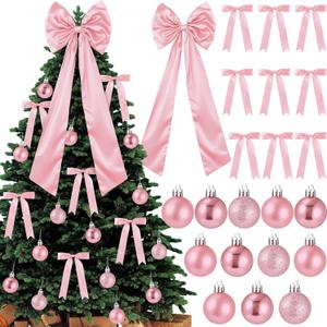 Gejoy Bow Christmas Tree Decoration Set, 30 Pcs Small Bows 1 Pcs 47" x 15.7" Large Tree Topper Satin Bows and 36 Christmas Balls Hanging Ornaments, Xmas Glitter Balls for Holiday Decor(Pink)