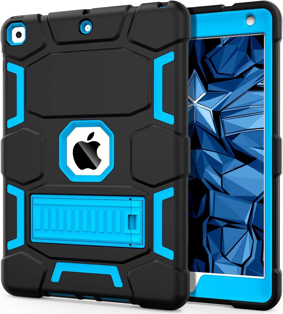 CCMAO iPad 9th Generation Case, iPad 8th/7th Generation Case, iPad 10.2 2021/2020/2019 Case with Kickstand, Heavy Duty Shockproof Hybrid Three Layer Protective Cover for Kids Boy Girl, Black+Sky Blue (01 Black+Sky Blue)