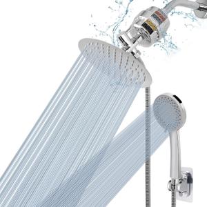 NearMoon Filtered Shower Head, High Pressure 8Round Rain Shower and 5 settings Handheld Shower Filter Combo with Self-adhesive Holder/1.5M Hose -1 Replaceable Filter Cartridge (Chrome Finish)