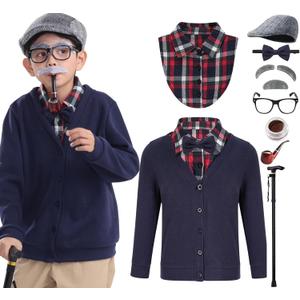 100 Days of School Costume for Kids 100th Day Old Man Grandpa Dress Up Costume Boys (Small(5-7yr), Navy)