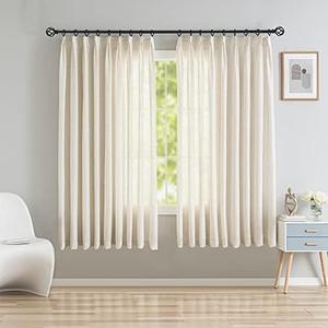 OYRING Beige Faux Linen Double Pinch Pleat Curtains for Living Room, Light Filtering Window Curtains Semi Sheer Curtains Pinch Pleated Drapes with Tieback and Hooks 40" W x 63" L, 1 Panel