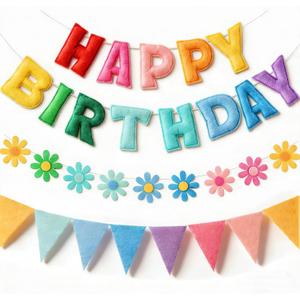 YEOCU Felt Birthday Decorations, NO DIY, Pre-Strung 3D Felt Happy Birthday Banner with Fabric Flower Garland, Colorful Triangle Flags, Birthday Party Decorations for Women Men Boys Girls (Rainbow)