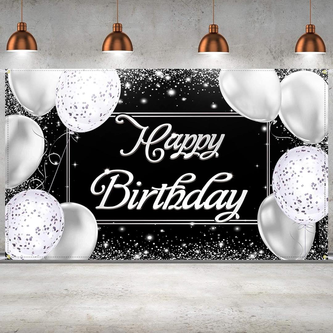 Happy Birthday Backdrop Banner - Black and Silver Photography Background - Large Party Sign Poster for Men and Women - Decoration Supplies