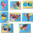 Premium Montessori Wooden World Map Puzzle Set- 8 Large Geography Puzzles, Educational Gift for Kids & Toddlers, 23 Homeschool & Classroom Learning Materials (Puzzle Collection), 23 x 18 inches