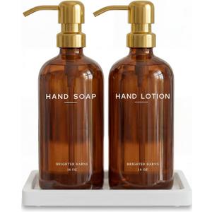Luxury Glass Soap and Lotion Dispenser Set with Tray by Brighter Barns - Hand Soap Dispenser Bathroom Set w/Stainless Steel Pump - Gold Bathroom Decor for Guest House, Airbnb, Spa, Gift (Amber/Gold)