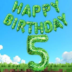 Green Pixel Style Happy Birthday Banner and 40 Inch Number 5 Foil Balloon Set for Boys Birthday Party, Video Game Theme Birthday Decorations, Gamer Pixelated Party Supplies