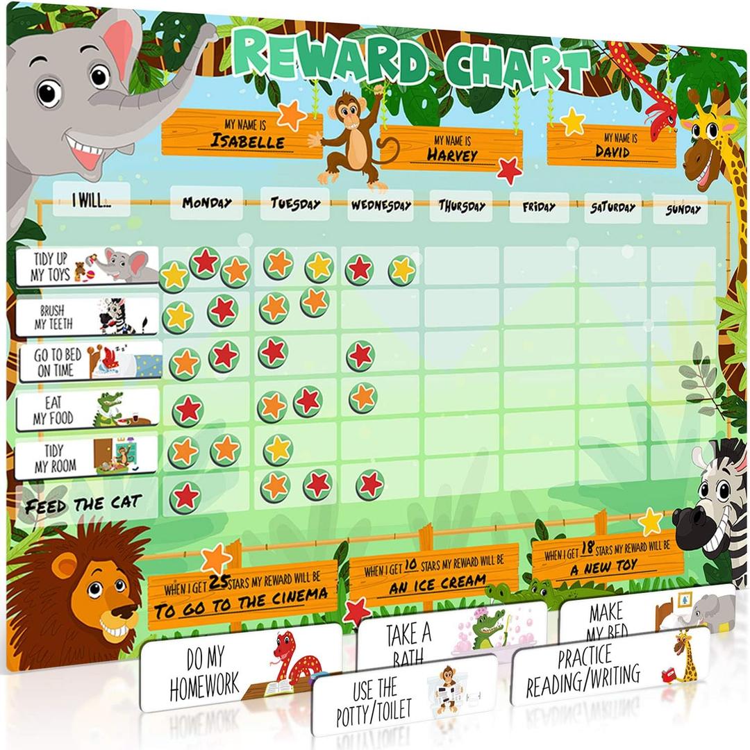Luigi's Large Safari Animal Magnetic Star/Reward Chart for Kids: Encourages Good Behaviour and Customisable with Choice of Magnets and Dry Erase Feature