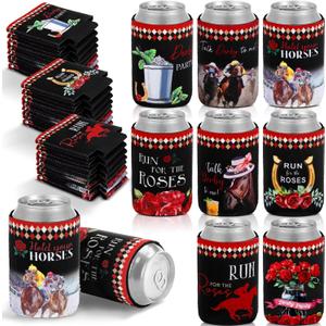 Pickmesh 24 Pcs Derby Can and Beverage Coolers Kentucky Horse Race Gifts Collapsible Funny Novelty Derby Can Holder for Horse Race Party Supplies (Run for the Roses)