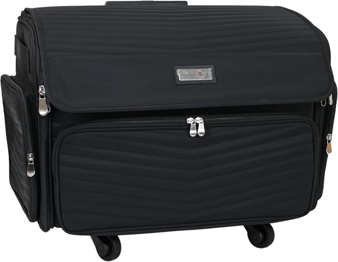 Everything Mary 4 Wheels Collapsible Deluxe Sewing Machine Storage Case - Rolling Trolley Carrying Bag for Brother, Singer (Black)