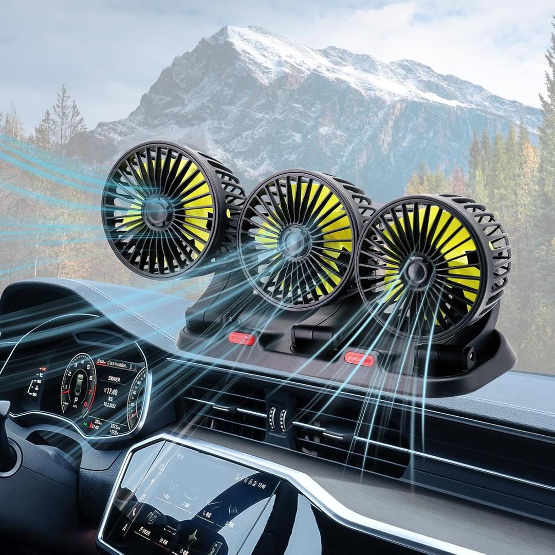 Triple-Head Fan for Car, Portable Car Fans for Vehicles Cars RV Vent with 360Rotation Cigarette Lighter Plug