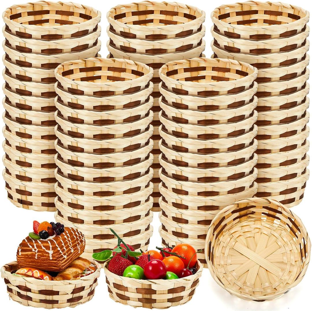 Sintuff 60 Pack Woven Basket Round Bamboo Gift Baskets, Wicker Berry Bread Fruit Basket Food Storage Serving Baskets for Picnic Kitchen, Restaurant, Centerpiece Display, Party, Wedding (Small)