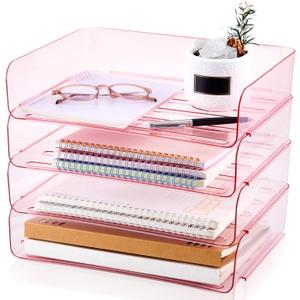 Harloon 4 Tier Pink Acrylic Paper Organizer 13 x 9.8 x 3 Inches Letter Tray Desk File Organizer Stackable Documents Clear Letter Paper Holder Office Tray for A4, Office Home File Desktop Storage