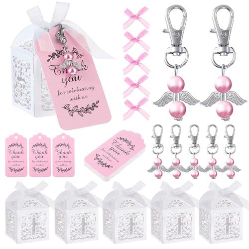 Outus 60 Pcs Baptism Party Favors 20 Angel Keychain Shower Favors 20 Baptism Favor Boxes 20 Thank You Favor Tags Baby Shower Party Gift for First Communion(Pink)