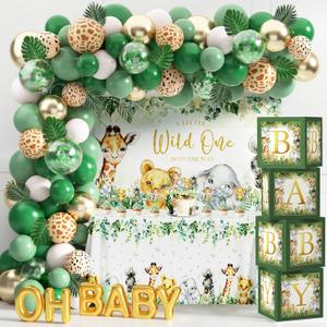 Safari Jungle Baby Shower Decorations for Boy Girl Wild One First Birthday Party Supplies Safari Balloons Garland Arch Kit Baby Boxes with Letters Wild One Backdrop Animal Tablecloth (Green)