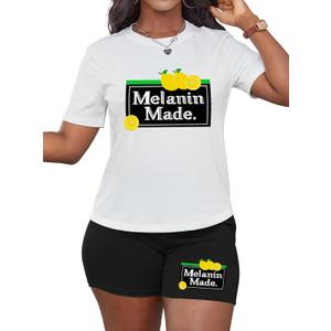 Hilinker Womens 2 Piece Outfits Short Sleeve Top and Shorts Set Summer Workout Casual Tracksuit (Medium, White Black Melanin)