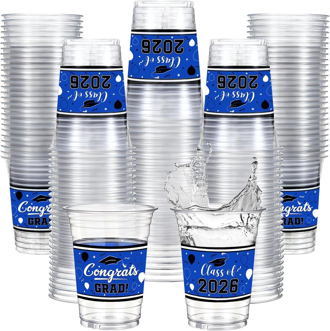 Funnymoom 100 Pcs 16oz 2026 Graduation Cups Disposable Graduation Plastic Cups Class of 2026 Celebration Grad Party Favors(Blue, Black)