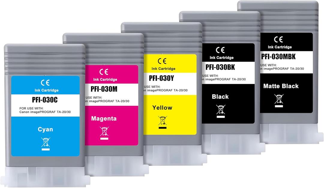 Aomya PFI 030 Ink Cartridge 55ml PFI-030MBK PFI-030BK PFI-030C PFI-030M PFI-030Y Pigment Ink Tank Replacement for Canon imagePROGRAF TA-20 TA-30 TM-240 TM-340 Printers5-Pack MBK/BK/CY/MG/YL