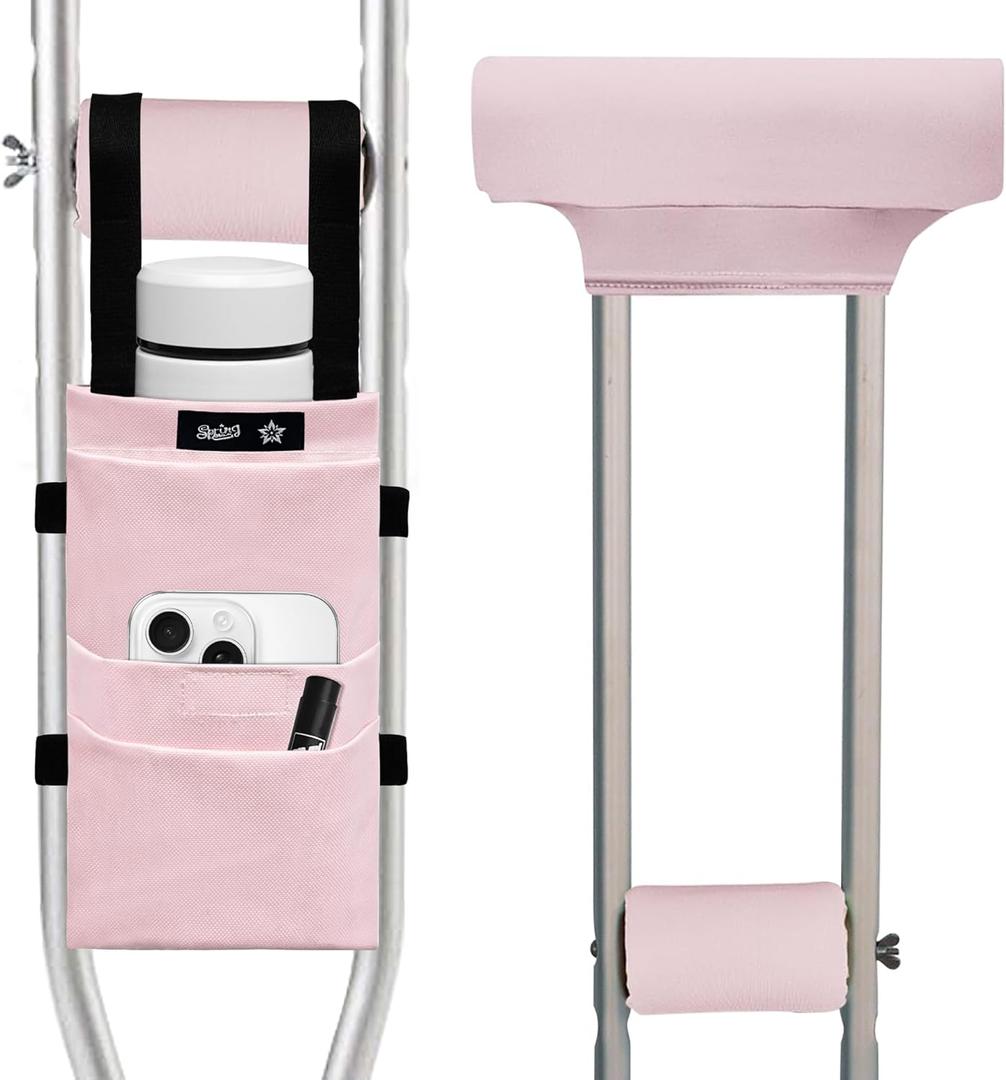 SPRING SEAON Crutches Padding & Crutch Bag (5 PCS) - Crutch Pads for Armpits and Hand Grips Water-Resistant Pouch for Crutches Crutch Cushions Crutches Accessories for Kids, Men, Women Pink